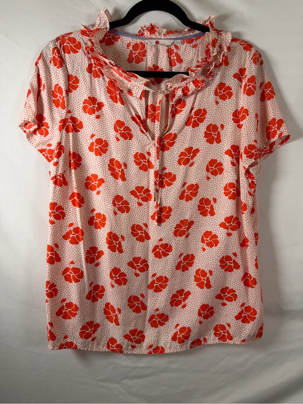 Boden Silk Blend Floral Blouse US 10 Orange Ivory Ruffle Neck